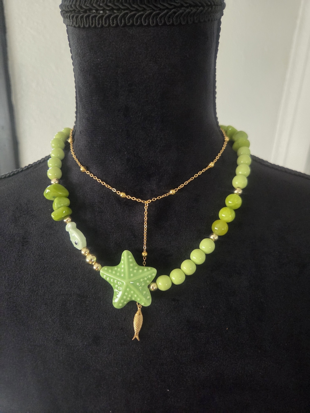 Green Starfish Bead Necklace with Gold Accents